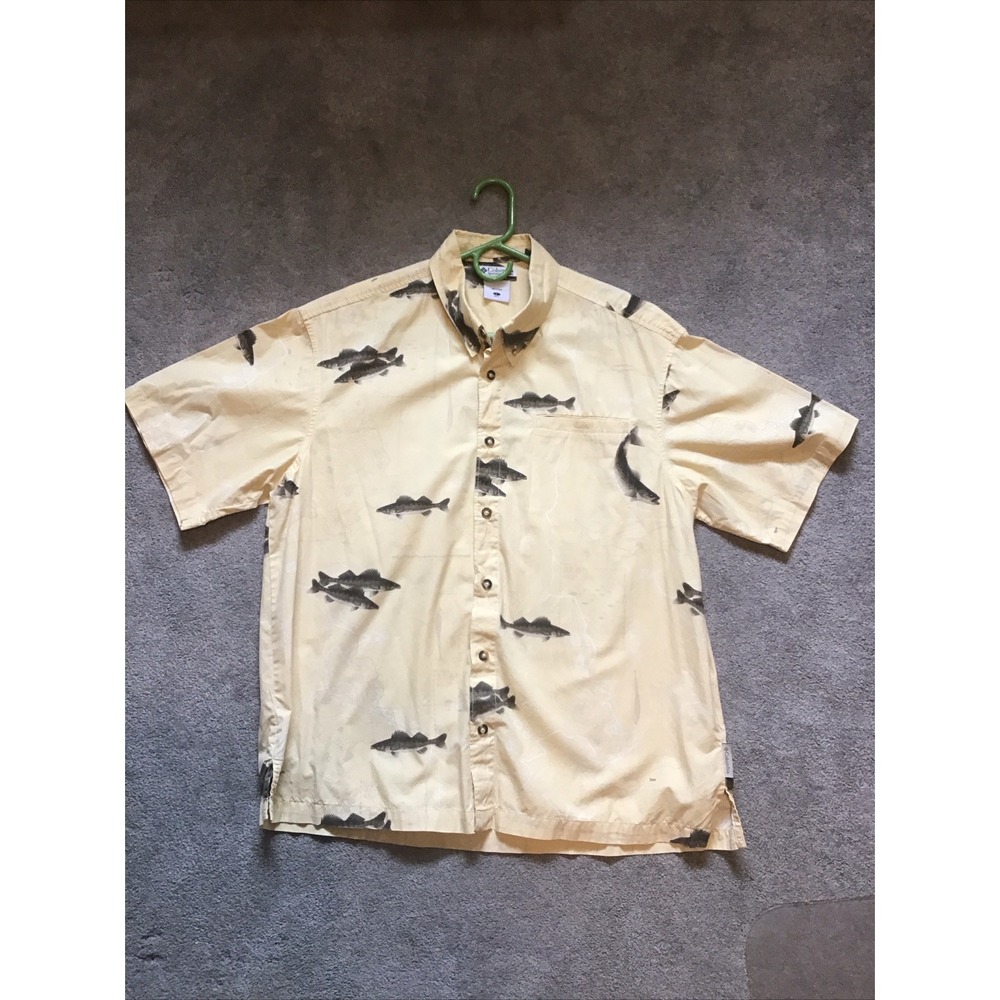 Columbia Shirt Mens Large Yellow‎ Button Down Fish perch  River Lodge Fishing
